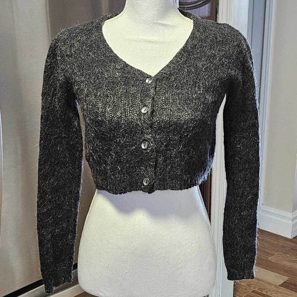 Vintage 80s 90s Cropped Shaggy Mohair Blend Cardigan Boxy Knit Sweater S USA